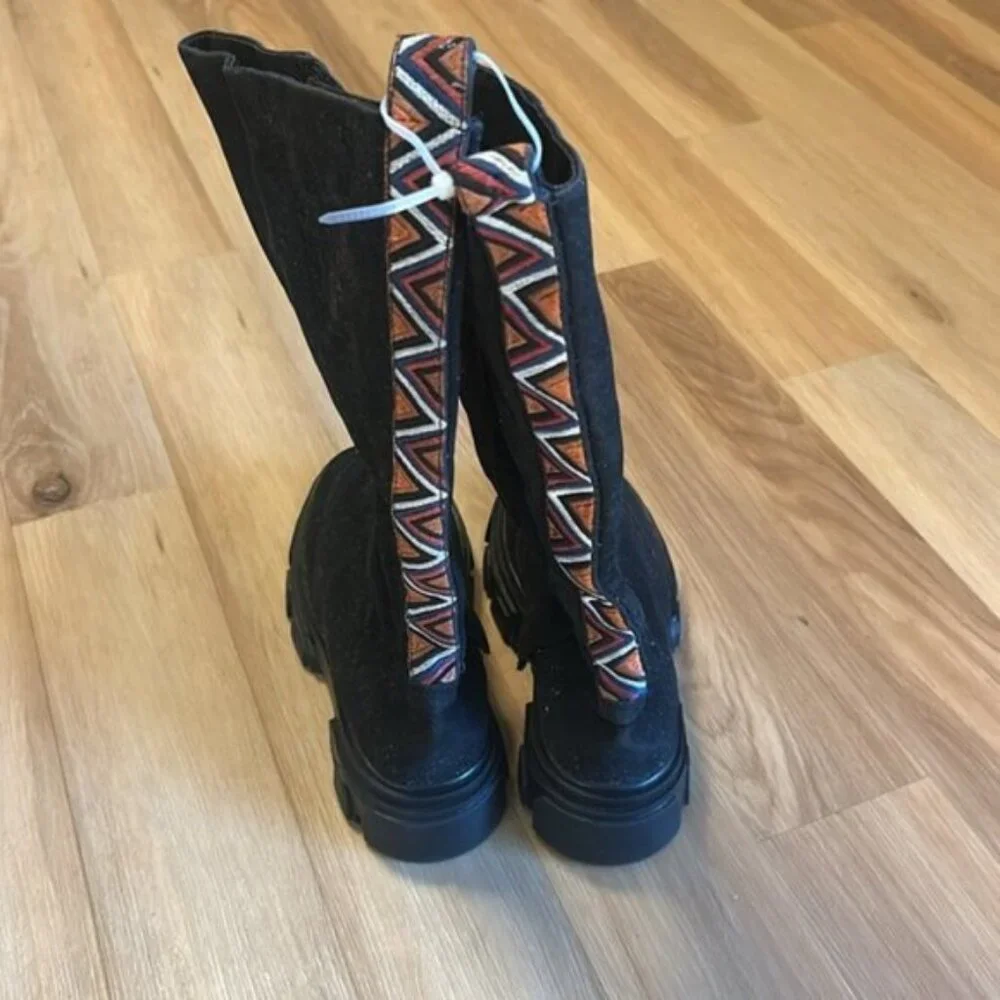 Farm Rio Black Suede Knee High Lug Sole Anthropologie Boot Embroidered 9